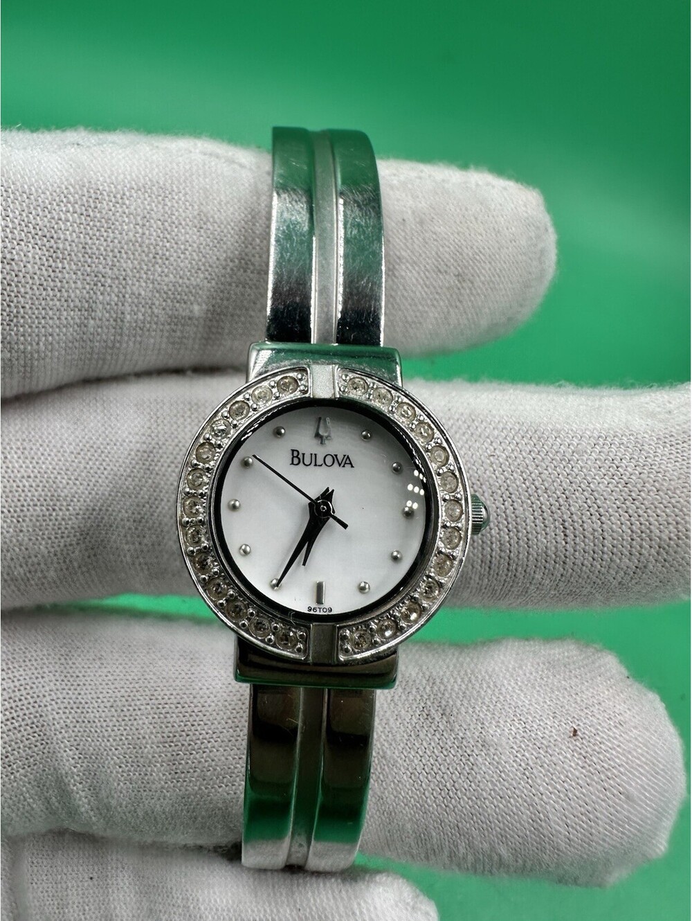 Bulova Women’s Dress Quartz Silver Tone Bracelet Watch White Dial Diamond Bezel